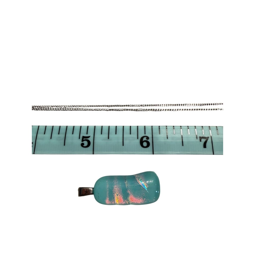 Dichroic Fused Glass Pendant Necklace Set Blue Aqua Iridescent Silver Chain - Picture 6 of 8
